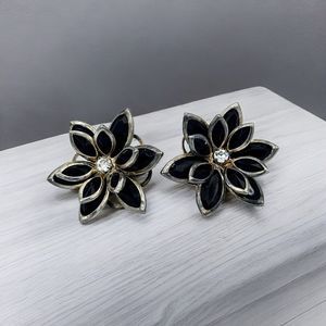 Flower Earrings Vintage Bezel Black Faceted Jeweled Rhinestone 3D Estate Jewelry